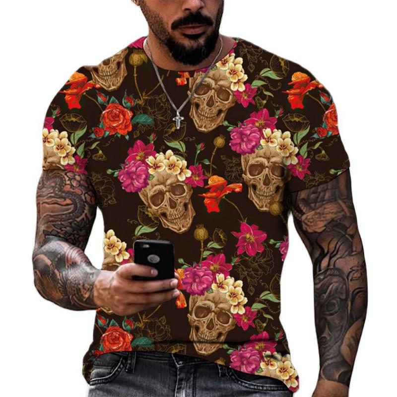 Fashion New Flowers and Skulls graphic t shirts For Men Summer Casual Trend Hip Hop streetwear Personality Printed O-neck Tees