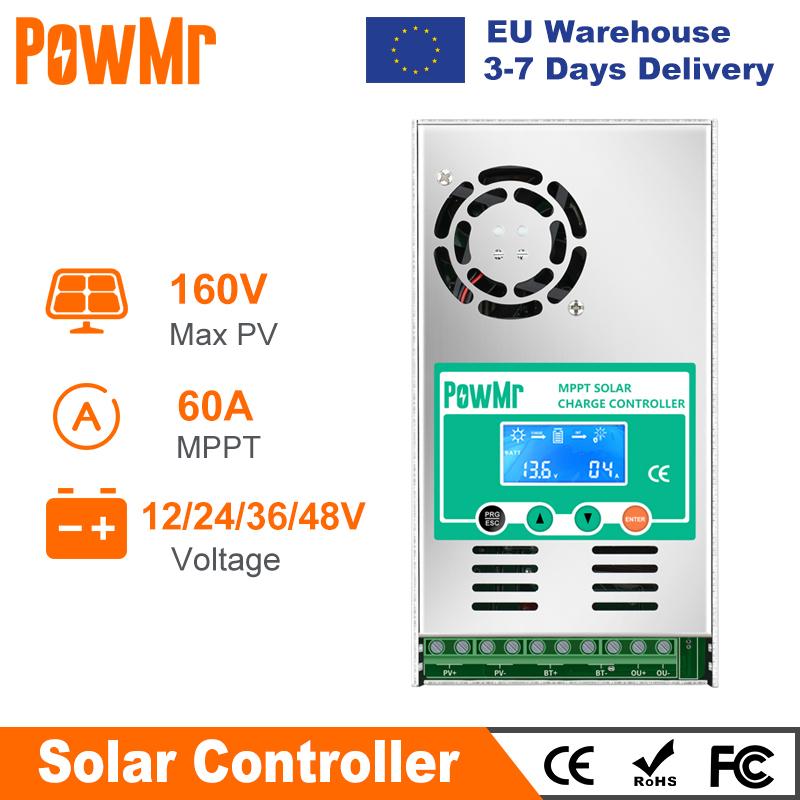 PowMr MPPT 60A Solar Charge Controller Solar Panel Regulator 12V 24V 36V 48V Auto Max PV 190VDC For Lead Acid Lithium Battery 12V 24V 36V 48V Auto