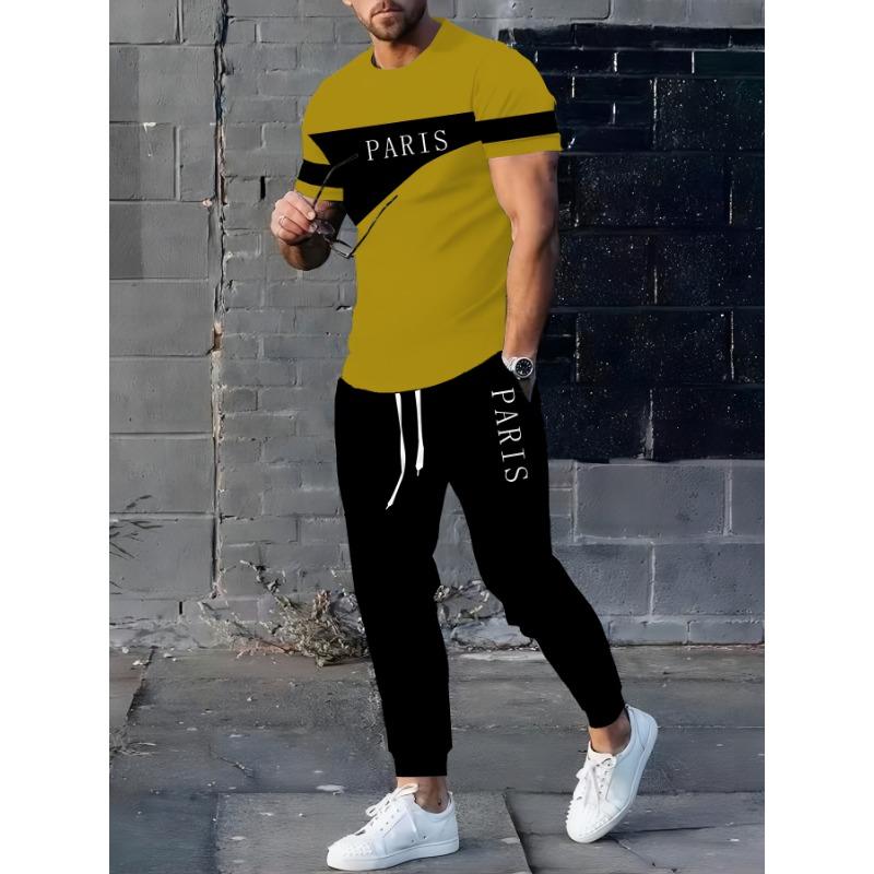 Men's 3D Printed Geometric Pattern Short-Sleeved T-Shirt and Pants Set - All-Season Casual Set, Featuring Paris Letters