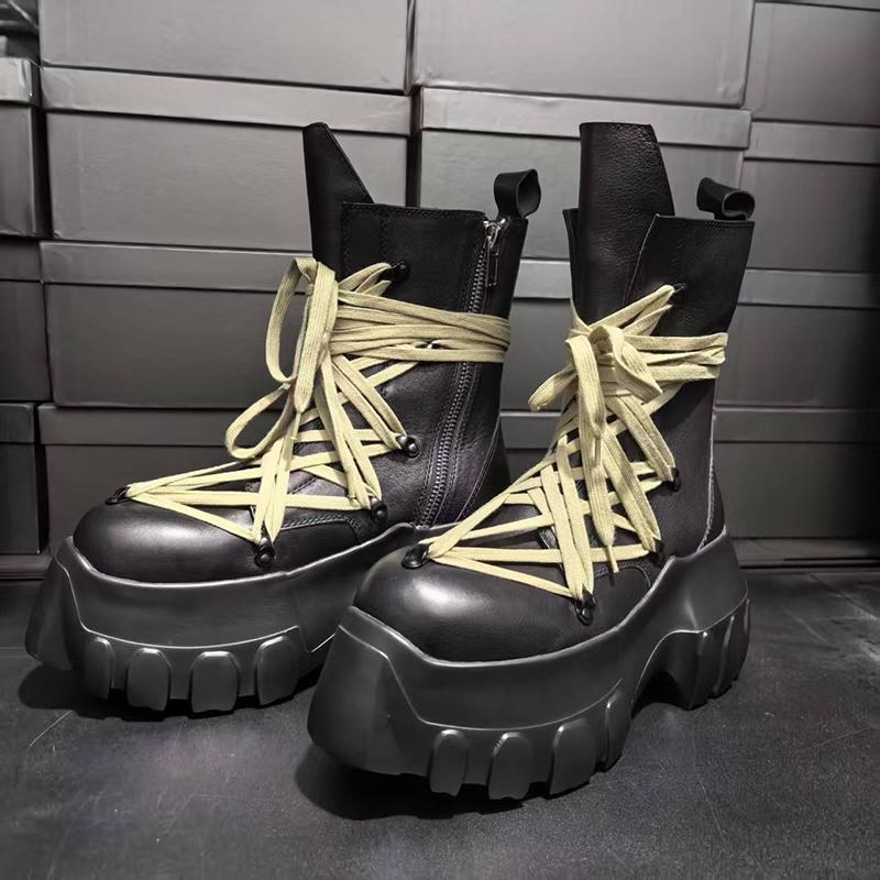 Buty Muffin na Wysokiej Platformie, Krzyżowe Paski, Okrągły Nosek, Płaskie Platformy, Botki Motocyklowe w Stylu Vintage, Skóra Naturalna, Boczne Zamki Błyskawiczne, Buty Męskie