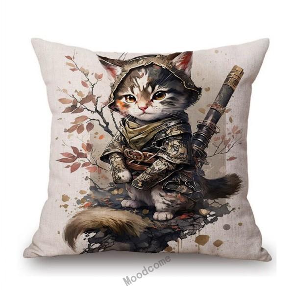 Funny Cute Cat Samurai Catoon Home Decorative Sofa Throw Pillow Case Cotton Linen Car Chair Cushion Cover