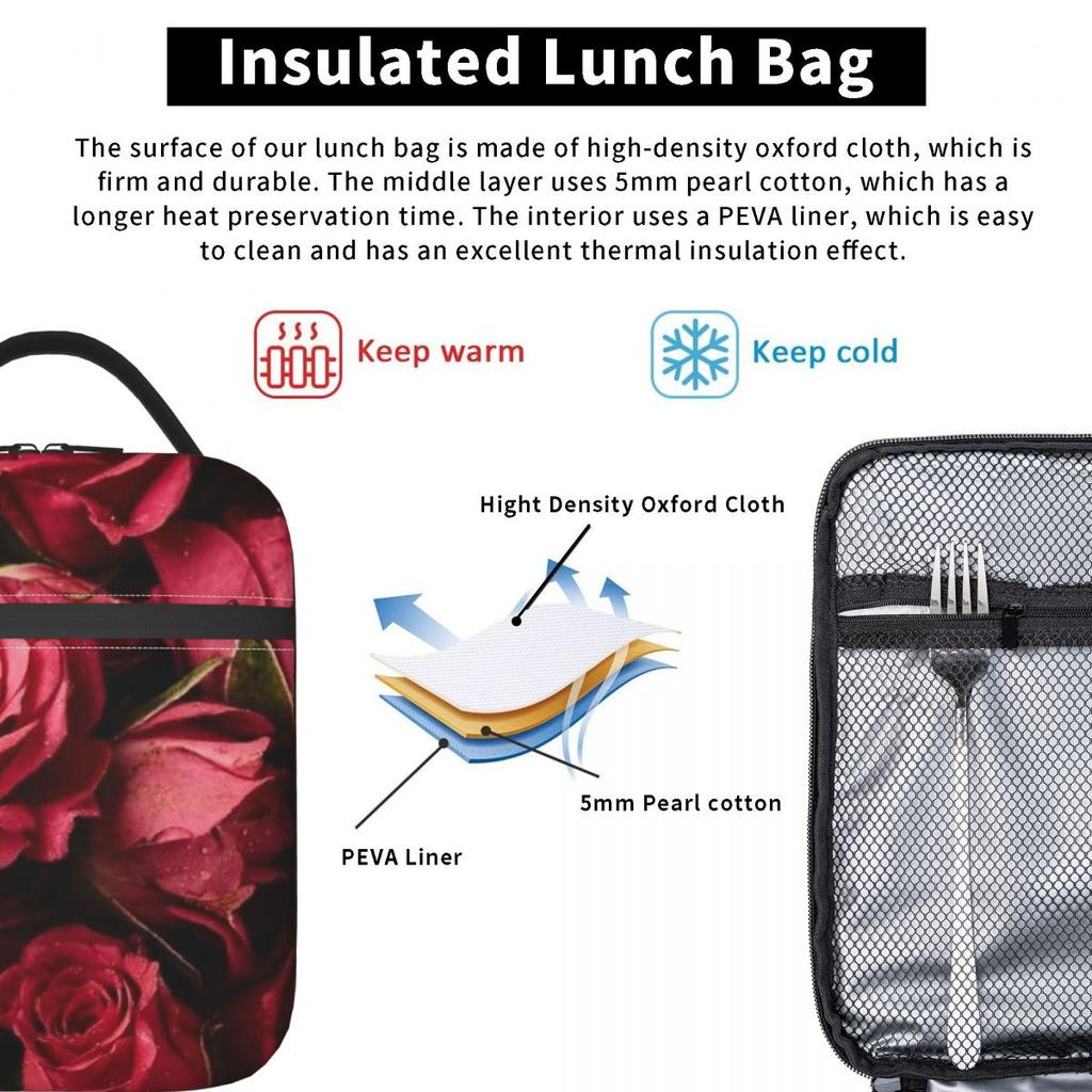 Red Rose Floral Design Insulated Lunch Bag for Women Kids Leakproof Food Boxes Thermal Lunch Box Tote