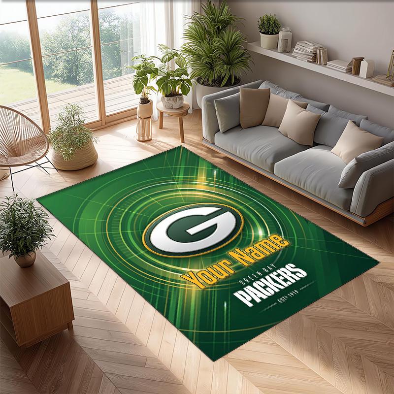 Green Bay Packers Crystal Velvet Rug, Custom Name Text Personalized Non‑Slip Floor Mat for Home Decor Gift