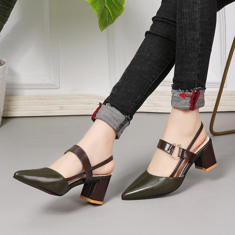 2024 Chunky Heel Hollow Sandals for Women, Slimming Pointed Toe Single Strap Buckle
