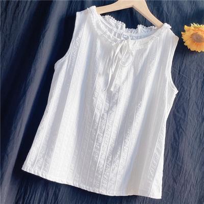 Mori Girl Summer Women Jacquard Cotton Top Ruffled Collar Ribbon Basic White Sleeveless Loose Blouse