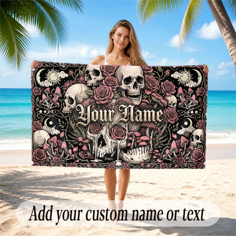 Skull Gothic Theme Beach Towel Personalized Custom Name & Text Soft Quick Dry Beach Towel for Swimming Travel