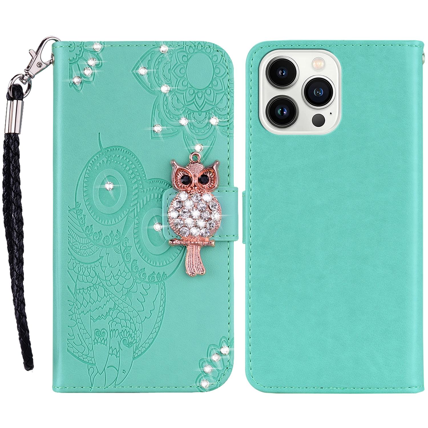 

For iPhone 16 Pro Max Wallet Case Owl Flower Imprinted Rhinestone Leather Cover Cyan