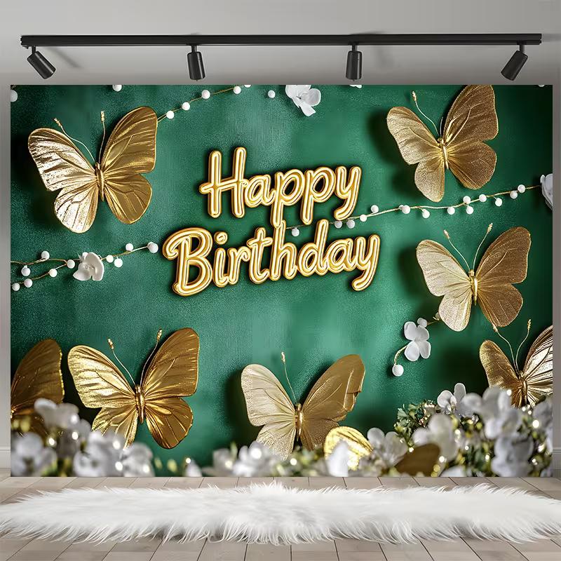2D Green Gold Butterfly Happy Birthday Backdrop Party Background Banner