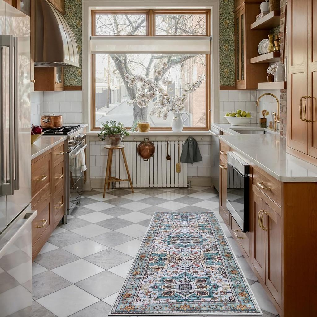 Non-Slip Boho Small Area Rugs for Entryway, Machine Washable Vintage Rug, Indoor Floral Print Carpet for Home Decor