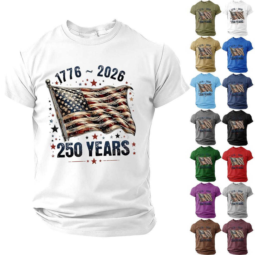 Men's Casual Short Sleeve Lightweight Breathable Crew Neck T-Shirt with Printed Graphic USA Flag and Anniversary Design 1776 to 2026 250 Years