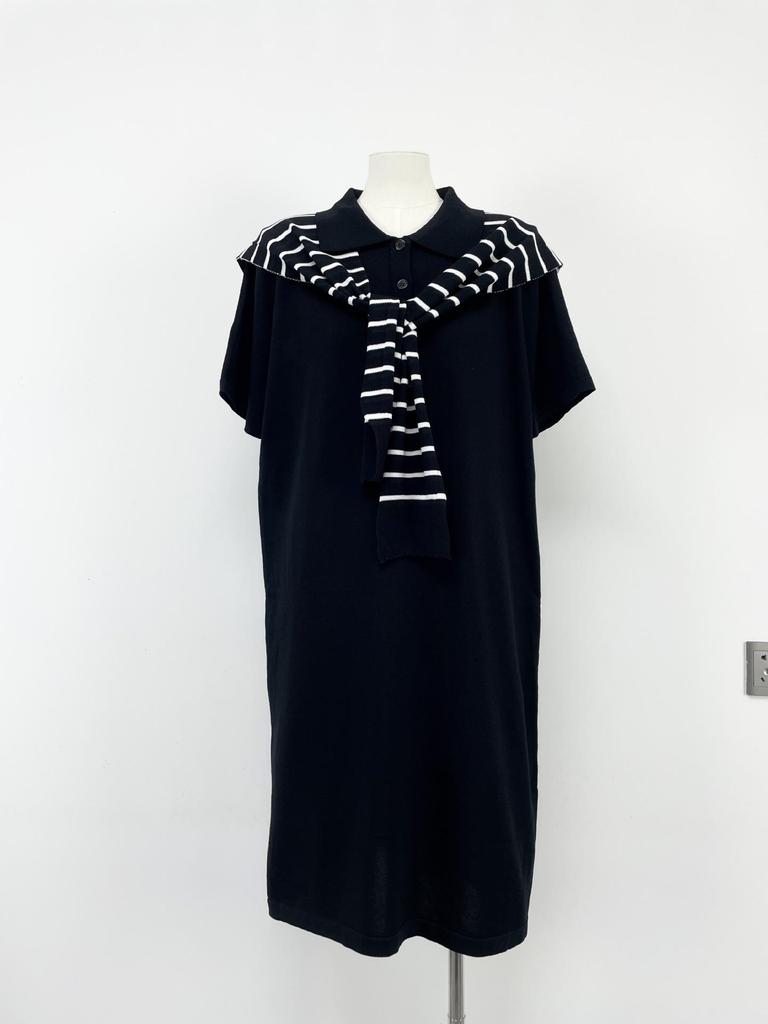 Solid Color Short Sleeve Maxi Dress with Shawl, Striped Plus Size Polo Collar Knitted Dress
