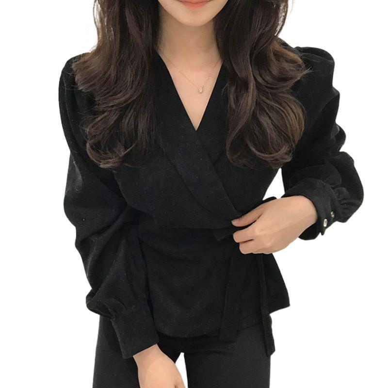 Deep Khaki Suit Collar Waist-Cinching Shirt Tie-up Top for Women - Autumn/Winter 2023 European Style.