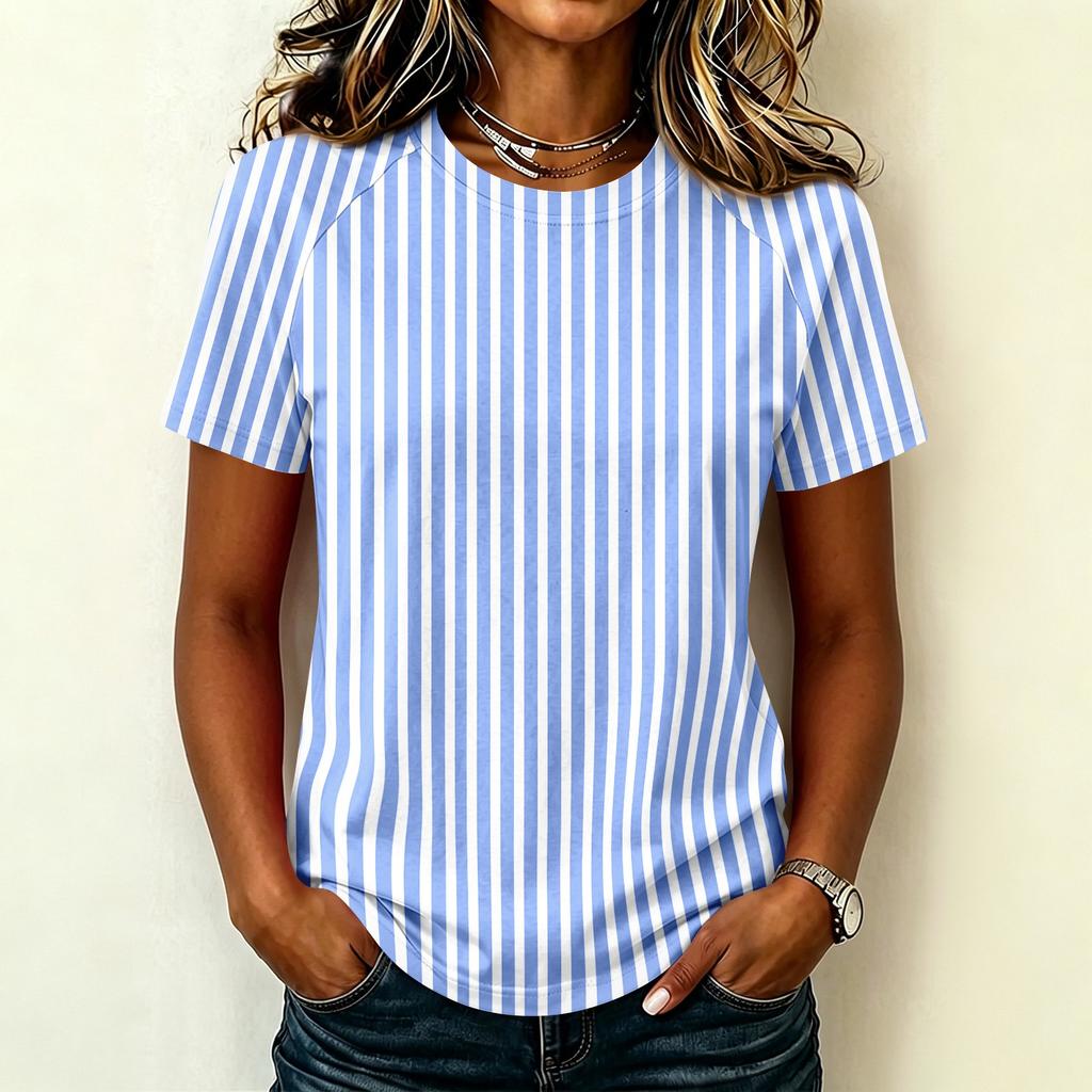 Women's Short Sleeve Raglan Pullover Neck Striped Print Casual Summer Fashionable Blouse Tunic Top for Women Everyday Outfit