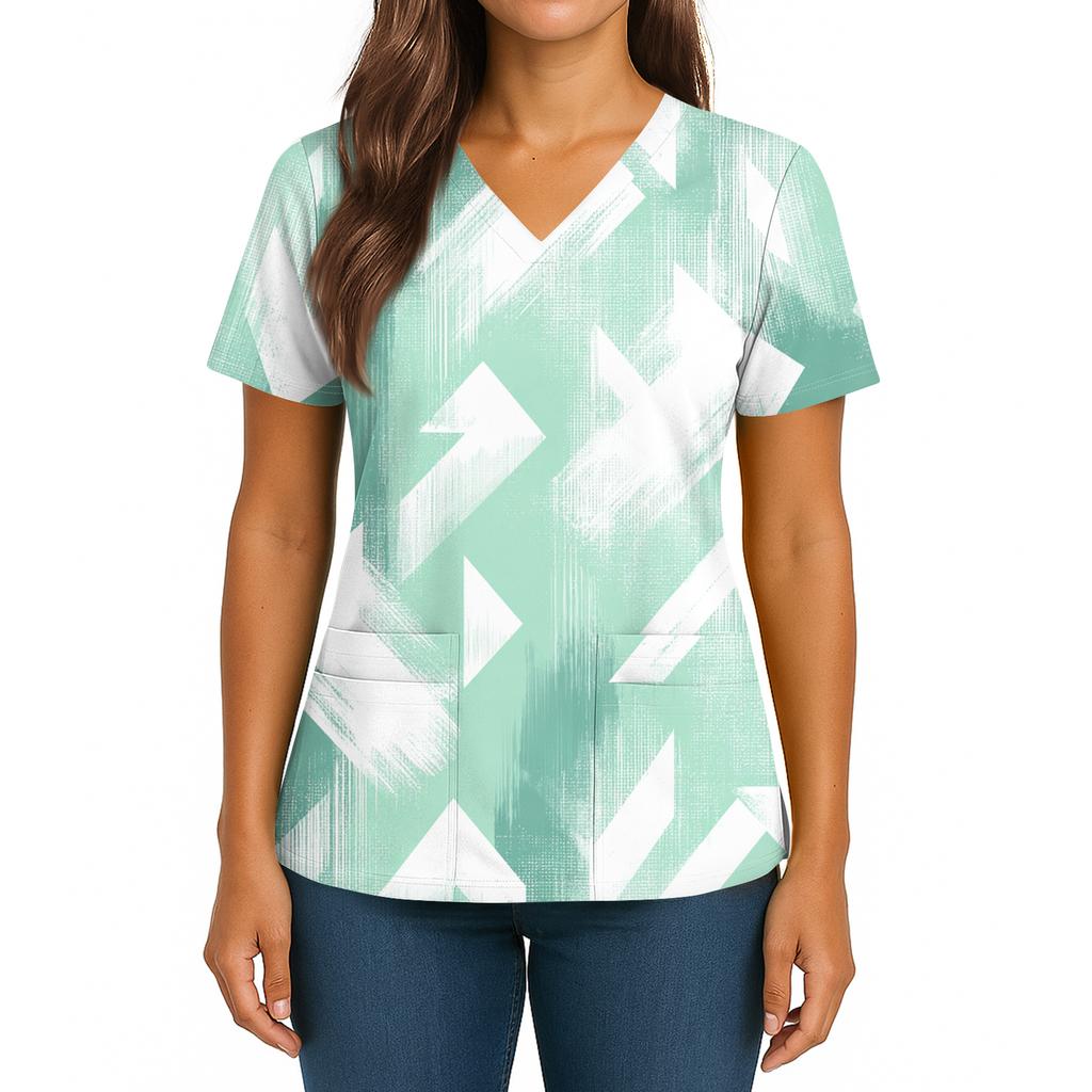 Women's Gradient Print V-Neck Double Pocket Short Sleeves Hem Slit Uniform Caregiver Top