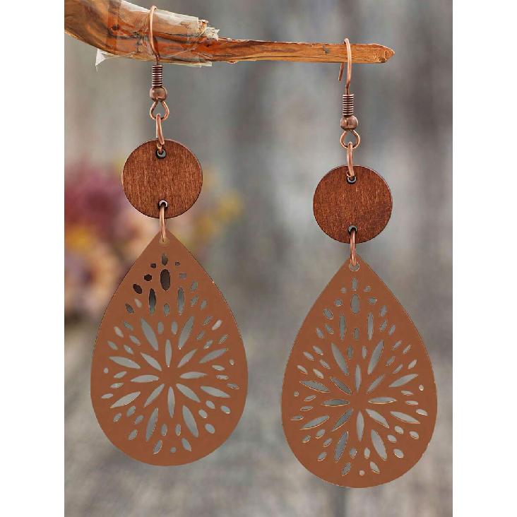 1 Paio Orecchini Pendenti Bohemien Vintage Intagliati a Intarsio in Pelle e Fetta di Legno per Donna
