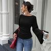 Women Off Shoulder Knitted Sweater Long Sleeve Asymmetric Hem Casual Top