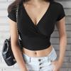 Summer Cross V-Neck Short Sleeve Crop Tops Women's Solid Color Sexy Slim Fit T-Shirt Outcrop Casual Simple Streetwear Women's Casual Top Clothing