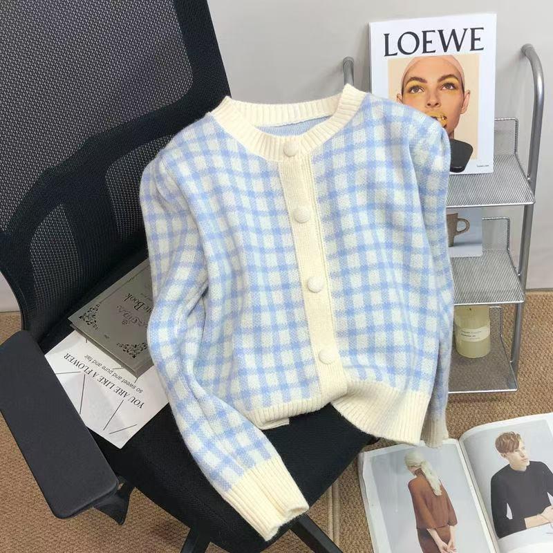 Color Matching Plaid Knitted Cardigan Women's Autumn and Winter Gentle Top Lazy Outside with Short Sweater Jacket Tide