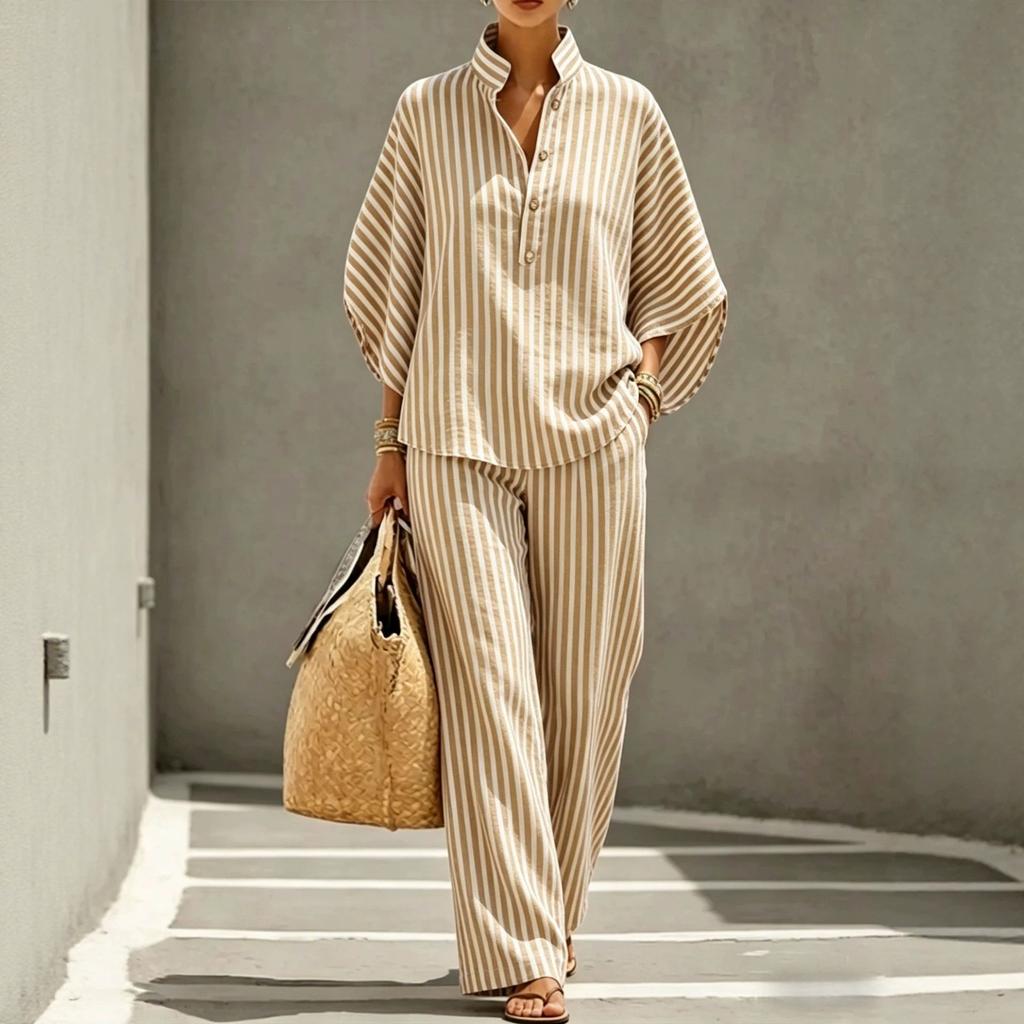 Europäisches und amerikanisches neues gestreiftes Damenhemd-Set im Urlaubsstil, Freizeit-Stadtanzug