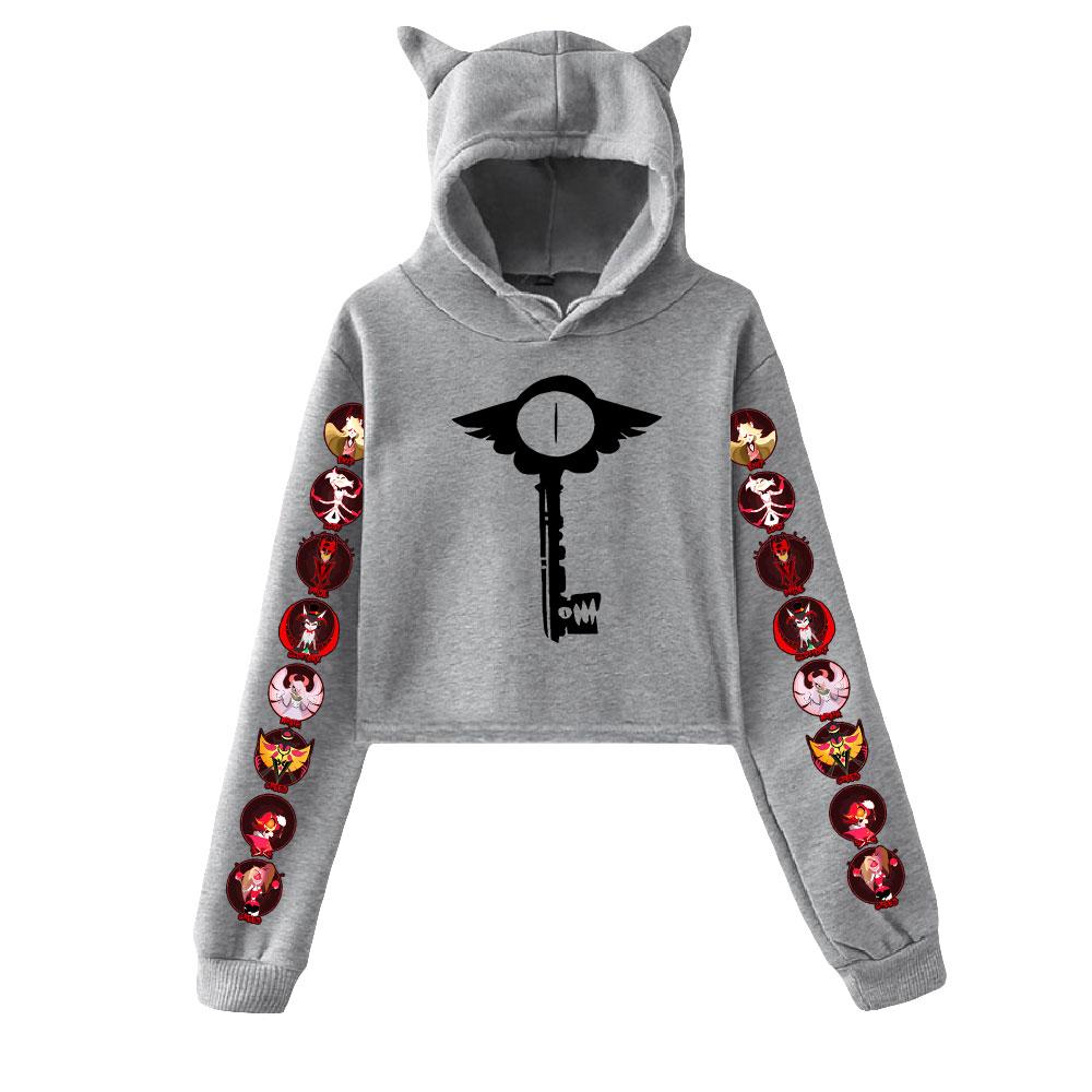 Women Long Sleeve Hoodies Casual Pullovers Cat Ears Hoodie Hazbin Hotel Print Crop Top Black Sweatshirts Female Clothes