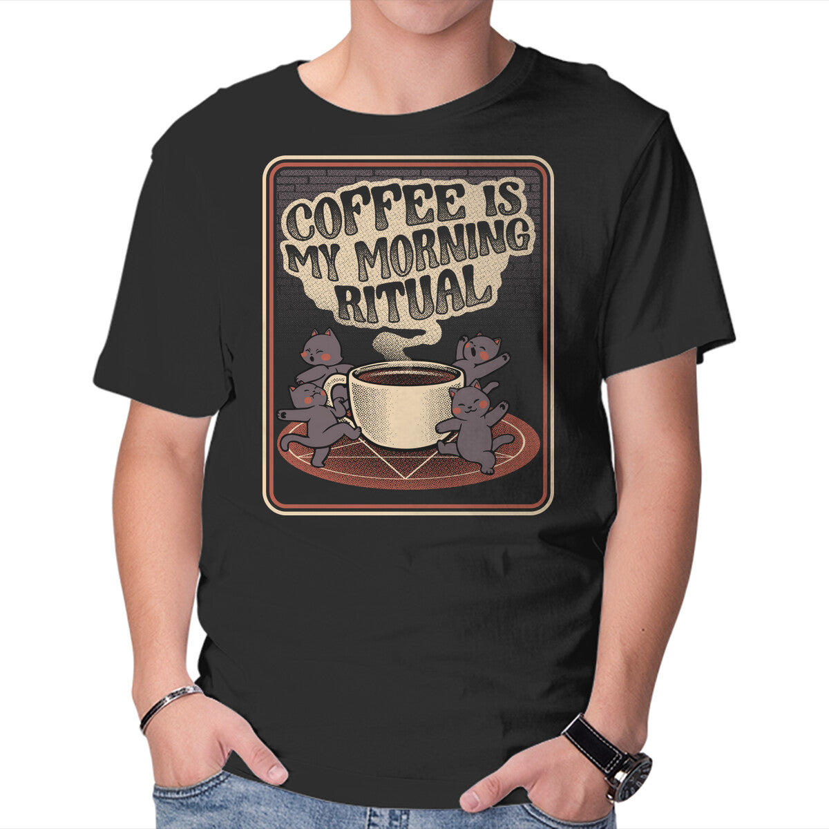 Unisex Crew Neck T-Shirt Coffee Morning Ritual Cats Graphic Short Sleeve Casual Tee L