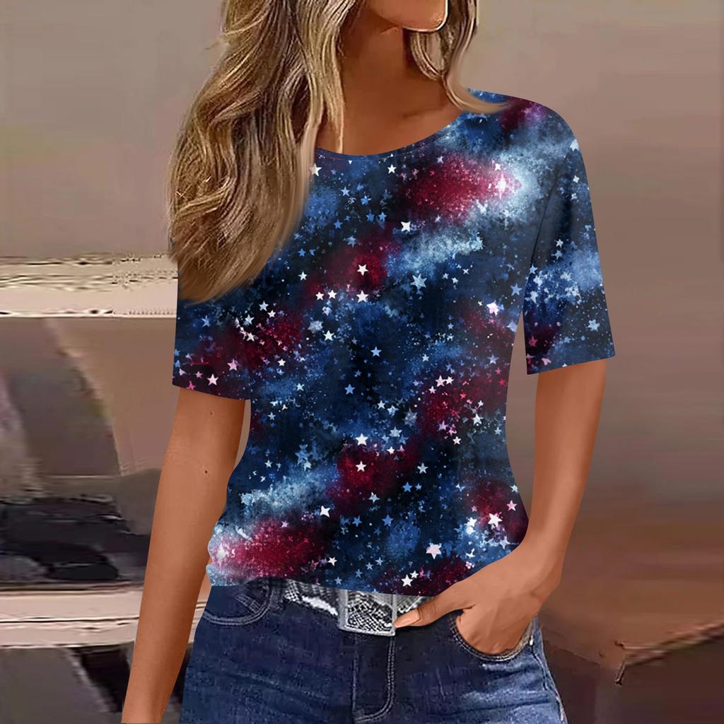 Women's Fashionable Casual Short Sleeve Print Round Neck Pullover Top