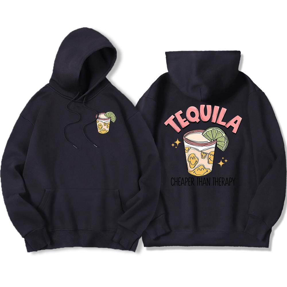 Tequila Cheaper Than Therapy Bedruckter Kapuzenpullover für Herren, modisches, lockeres Sweatshirt aus lässigem Fleece, weiche Kapuze, warme Übergröße