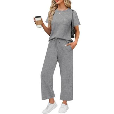 Conjunto de 2 piezas Ropa Casual de Verano para Mujer Viaje Vacaciones Pantalones de Pierna Ancha de Manga Corta Traje Casual Color Sólido
