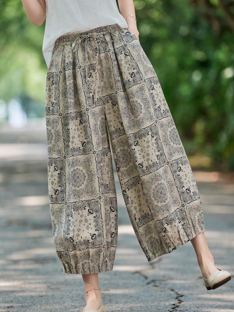 Damen Frühling 2026 Leinen Bedruckte Laternen-Cropped-Hose mit elastischem Bund