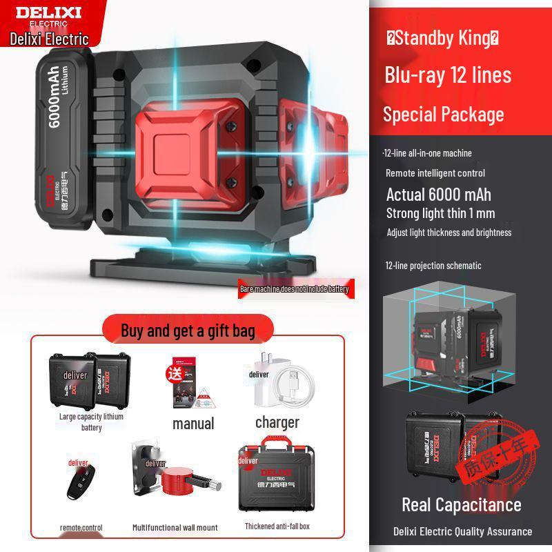 DELIXI Green Laser Level - 12 Lines, High Precision, Wall and Floor Mount, with Blue Light for Outdoor Use