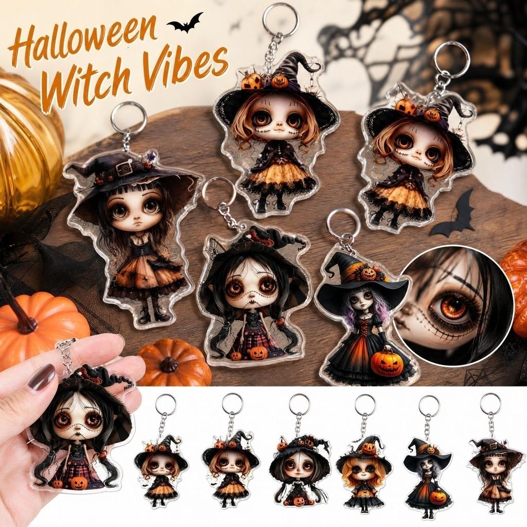 Halloween Acrylic Cute Witch Pendant Flat Ornament for Backpack Purse Keychain