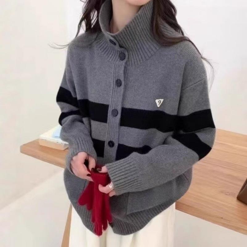 Autumn and winter new retro college loose long-sleeved sweater women's lazy wind stand-up collar striped knitted jacket