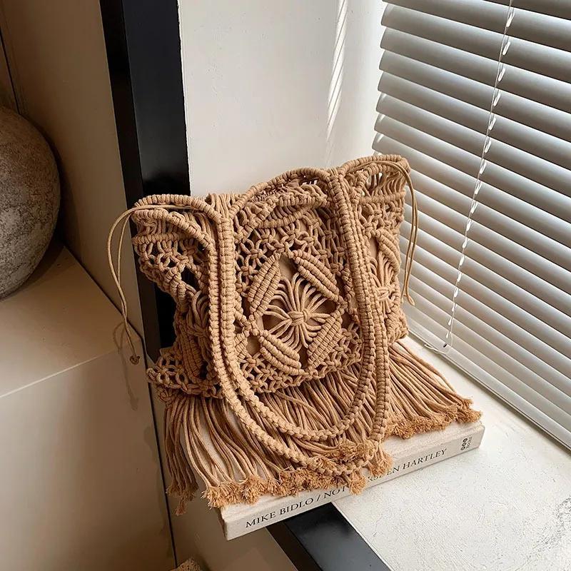 

WTEMPO Straw-woven Bag Retro Hollowed-out Hand-woven Single-shoulder Cotton Thread Crossbody Bag Casual Vacation Bucket Beach Bag 1pc хаки