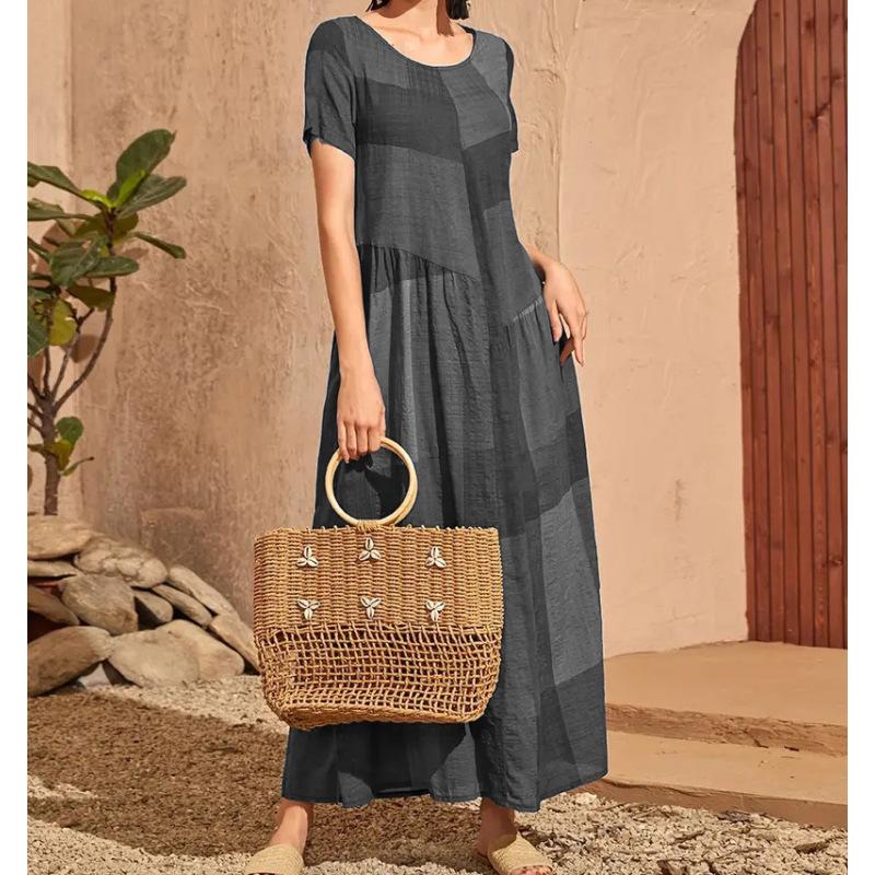 Women's Maxi Dress Summer Short Sleeve Round Neck Patchwork Contrast Loose Hem Pleated A Line Ankle Length Plus Size Dress