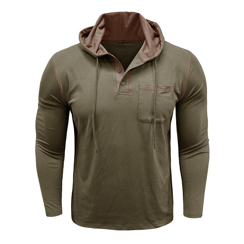 Herr Långärmad T-shirt Hooded Henry Skjorta Höst och Vinter Utomhus Casual All-match Lös Mode Topp