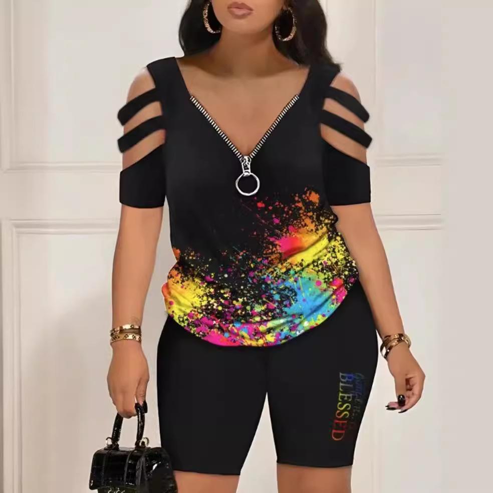 Sommermodischer 2-teiliger Anzug mit bedruckten T-Shirts und kurzen Hosen, lässige Outfits für Damen in Übergröße