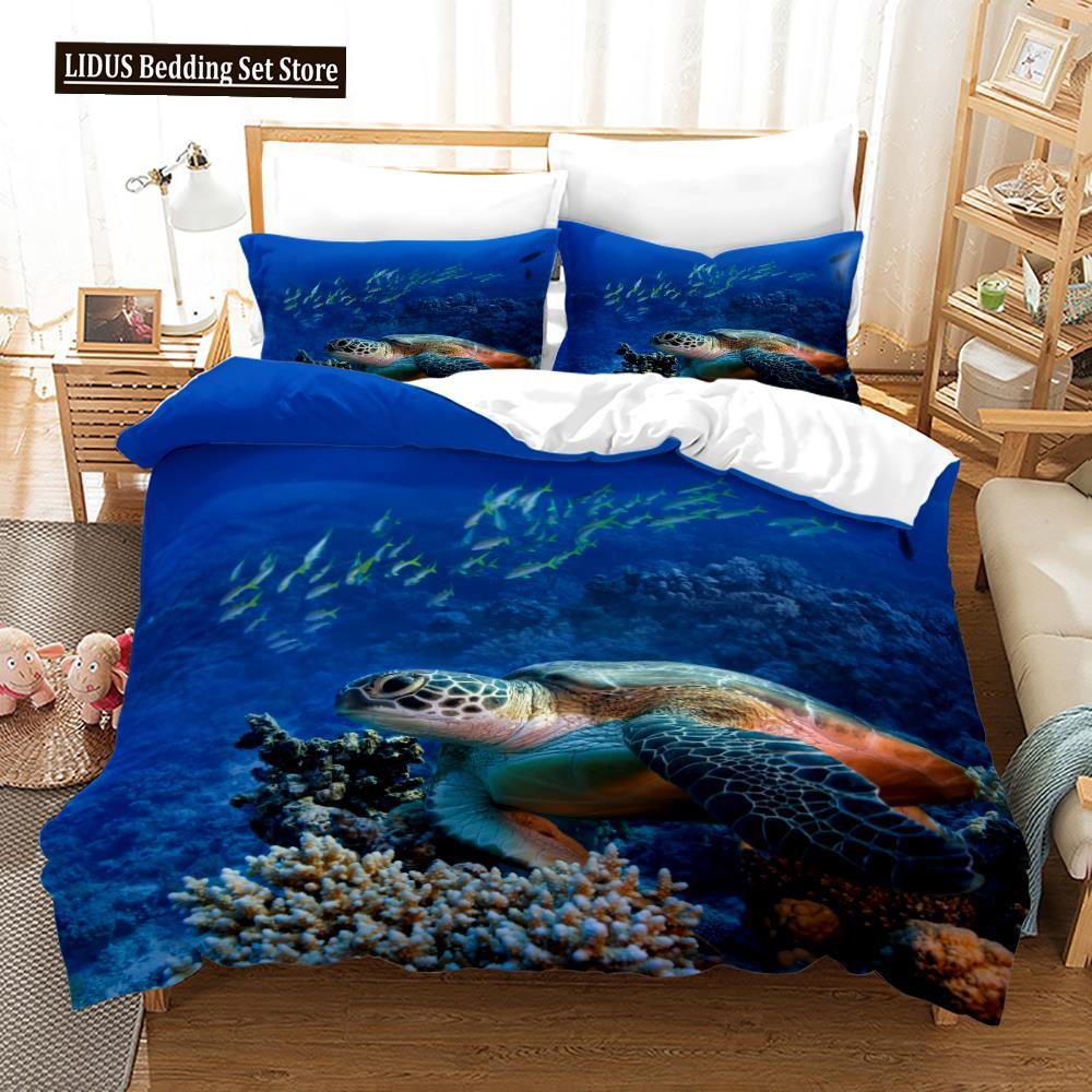 Ocean Duvet Cover Set Sea Turtle Ocean Animals Polyester Comforter Cover For Kids Children Boys Women King Queen With Pillowcase
