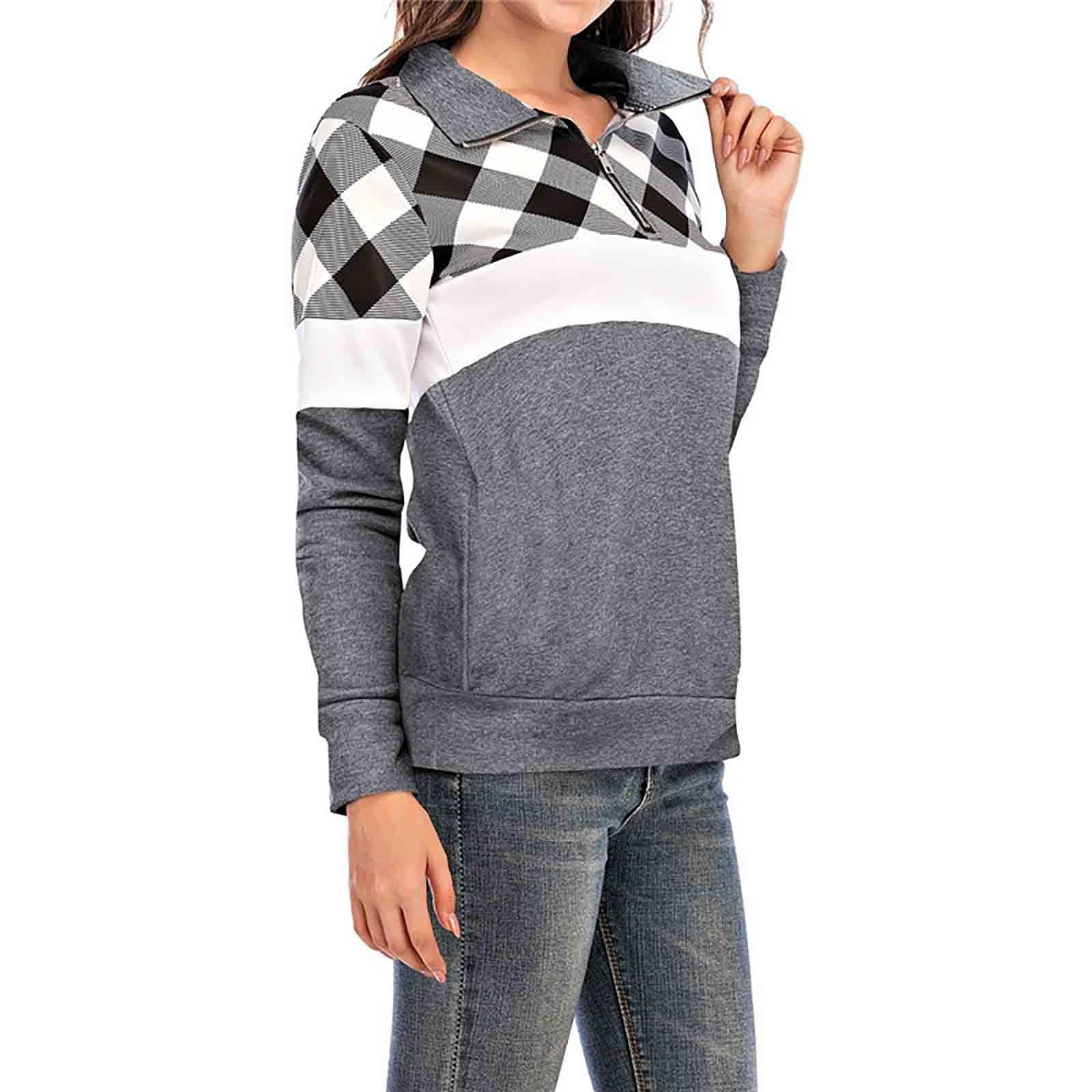 

Women s Fashion Long Sleeve Check Panel Zip Pocket Casual Top XL
