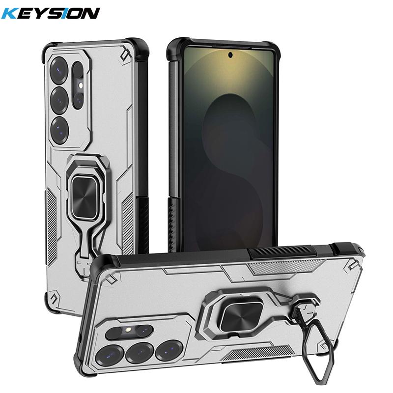 KEYSION Etui odporne na wstrząsy do Samsung S25 Ultra 5G Miękki silikon + PC Pionowy metalowy stojak na telefon Tylna obudowa do Galaxy S25+ Plus
