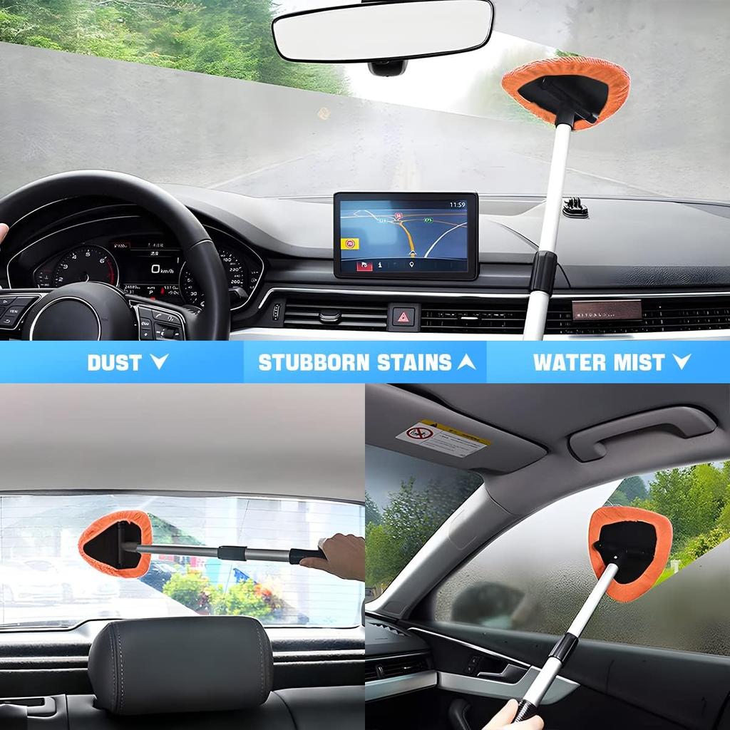 Windshield Cleaning Tool, Car Window Cleaner With Extendable Long Handle And 4 Washable Reusable Microfiber Pads, Auto Interior Exterior Glass Wiper