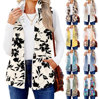 Women's Retro Printed Fashionable Warm Fleece Cardigan Vest Coat