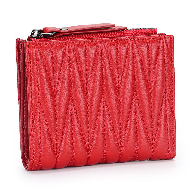 Sheepskin Women's Short Clip Wallet Folding Korean Trendy Embroidery Pleated Zipper Purse