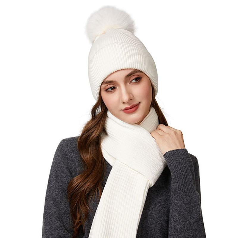 Knitted Hat Scarf Set Women's Autumn Winter Thick Fur Ball Wool Hat Outdoor Ear Protection Warm Hat