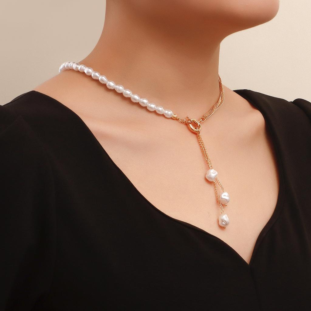 Temperament Asymmetric Special-shaped Imitation Pearl Fringed Necklace, Mixed and Matched Punk Thin Chain Necklace