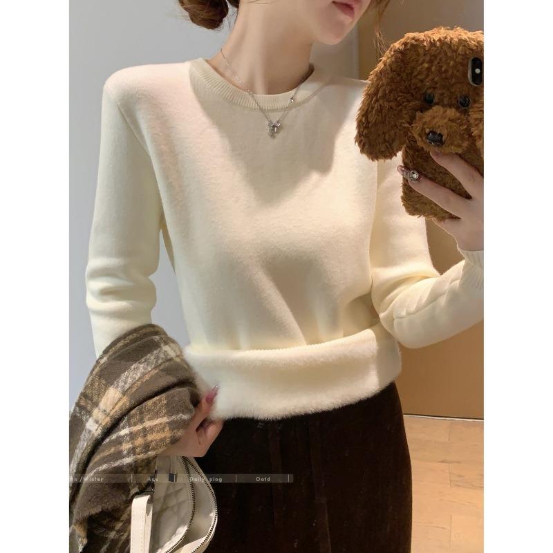 Autumn and Winter Fleece Thickened Sweater Women's Soft Waxy Warm Inner Long-sleeved Integrated Fleece Bottoming Shirt Basic Knitted Top
