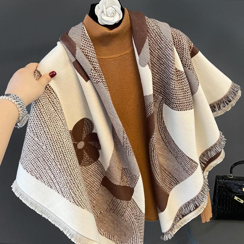 Autumn and winter new double-sided jacquard large square scarf women's versatile imitation cashmere large shawl windproof thickened warm scarf