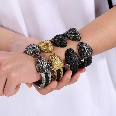 Fajna elastyczna podwójna głowa lwa otwarta bransoletka mankietowa dla mężczyzn ze stali nierdzewnej i skóry 12MM Twist Chain Man Bransoletki