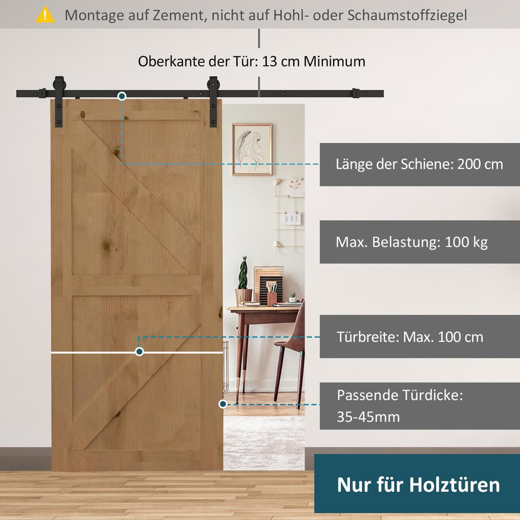 Sliding Door Track Kit, Max. 100 kg Load Capacity, Metal, Black, 2 m, Black