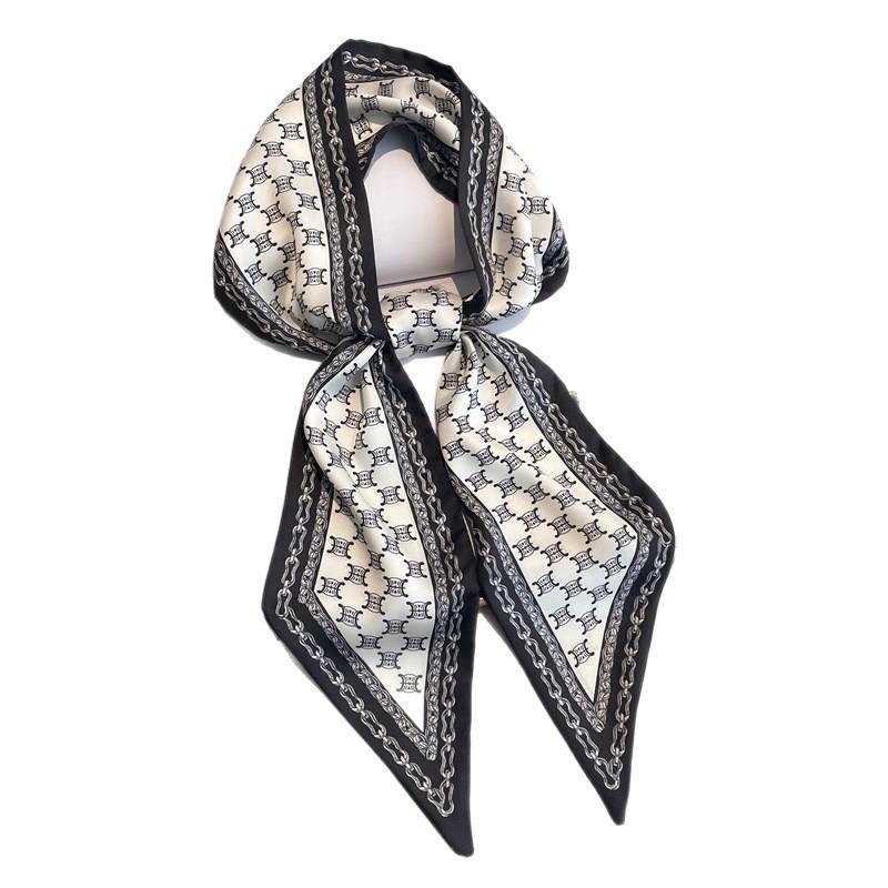 Long small silk scarf women's spring, autumn and summer black neck protection scarf with shirt streamer ribbon belt thin scarf