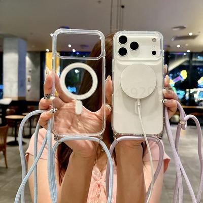 Necklace Cord Rope Clear Magnetic Phone Case for IPhone 17 Pro Max 16 E 15 14 13 12 11 Plus Mini Magsafe Dustproof Protect Cover
